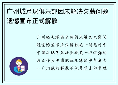 广州城足球俱乐部因未解决欠薪问题遗憾宣布正式解散