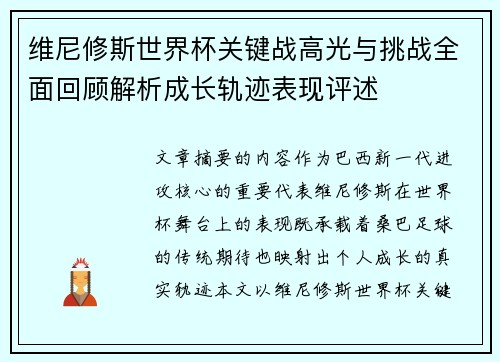 维尼修斯世界杯关键战高光与挑战全面回顾解析成长轨迹表现评述